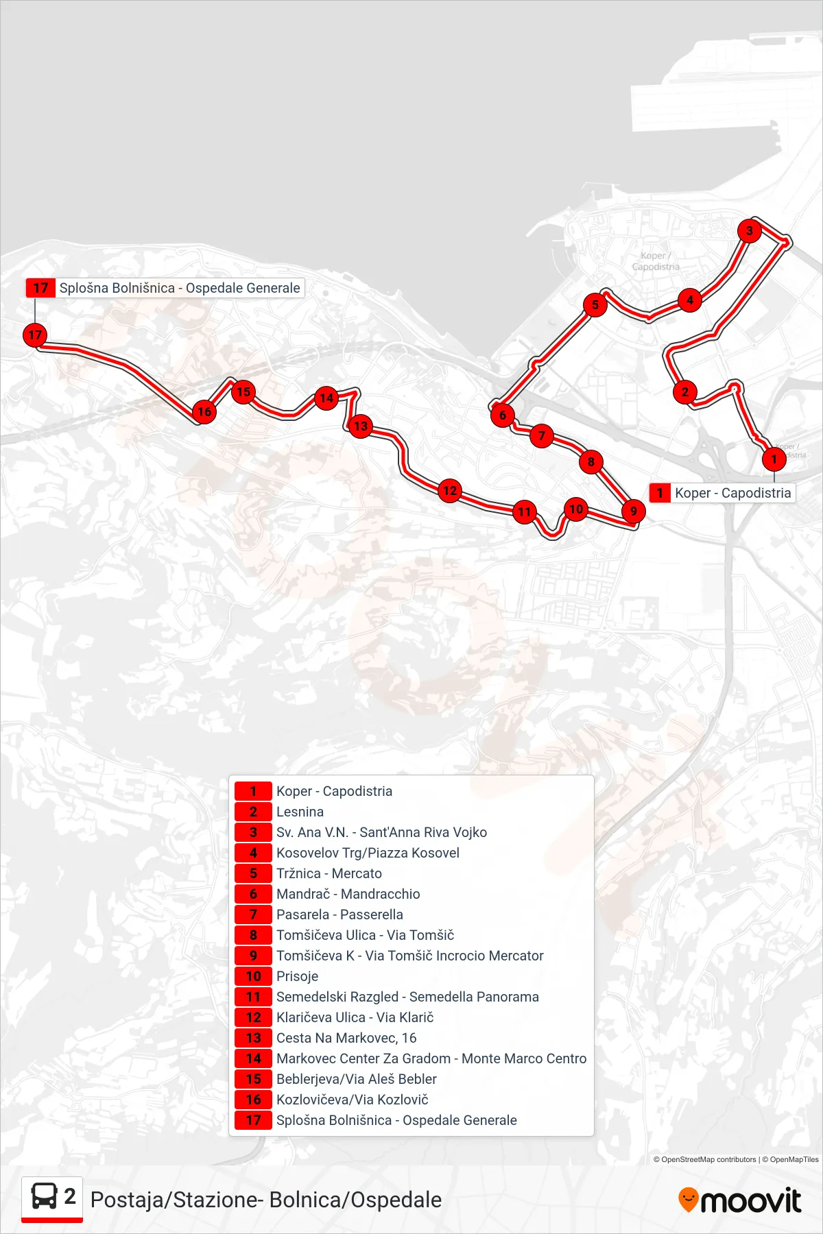 2 bus Line (Bolnica/Ospedale) route and stops on a map
