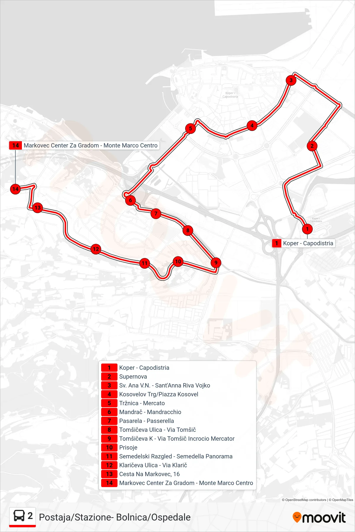 2 bus Line (Markovec - Monte Marco) route and stops on a map