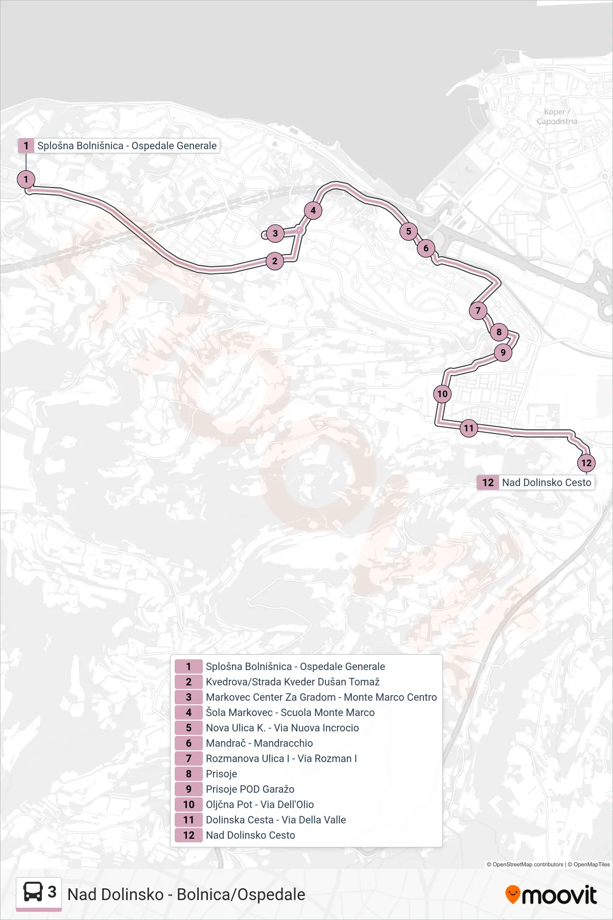 3 bus Line (Nad Dolinsko) route and stops on a map