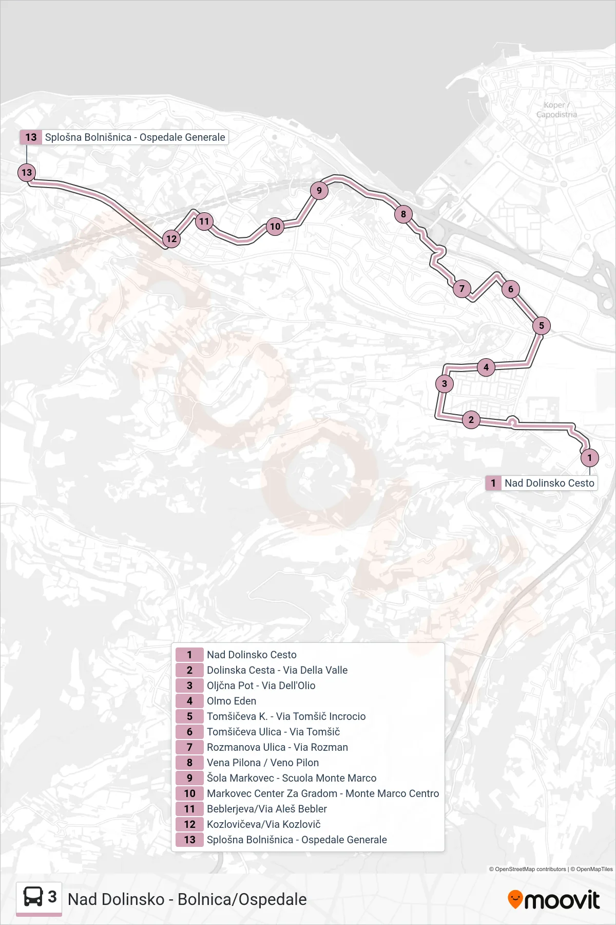 3 bus Line (Bolnica/Ospedale) route and stops on a map
