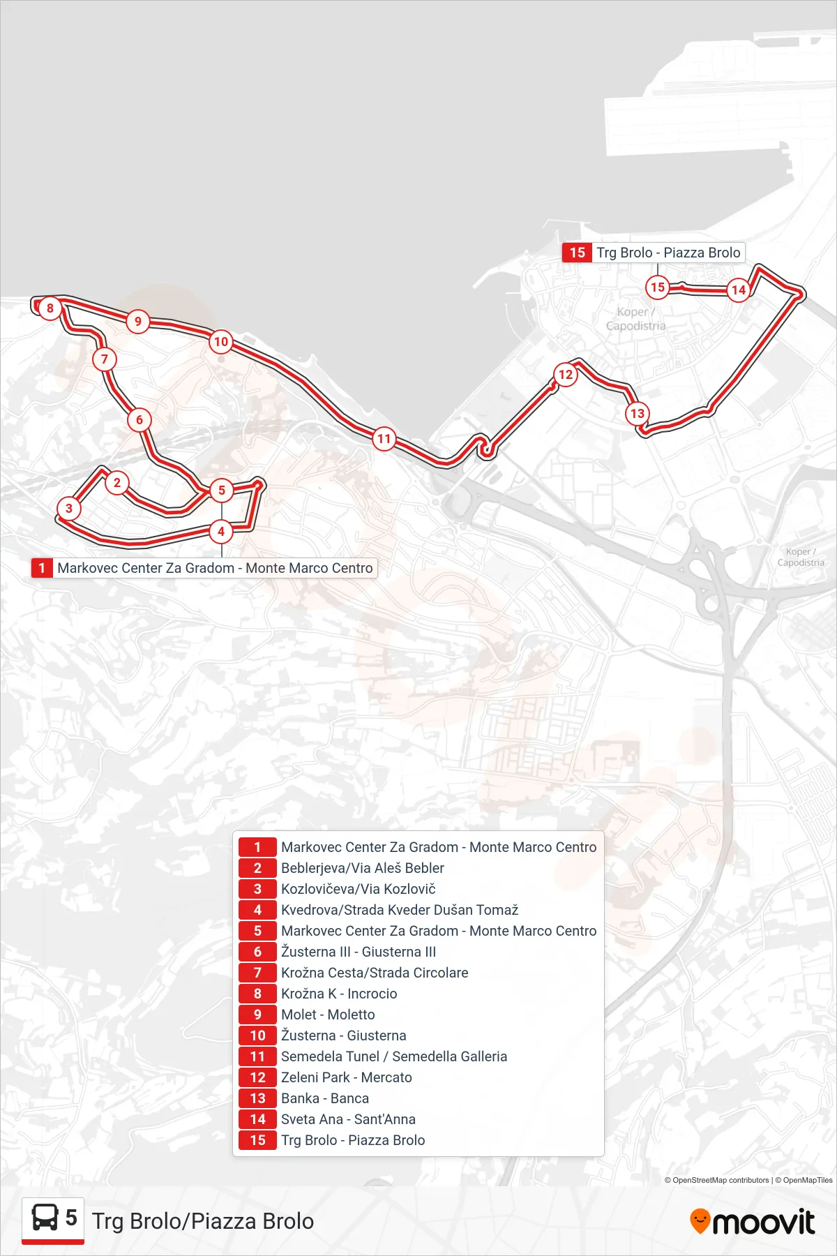 5 bus Line (Trg Brolo/Piazza Brolo) route and stops on a map