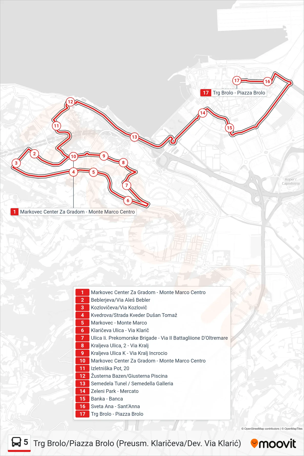 5 bus Line (Trg Brolo/Piazza Brolo (Preusm. Klaričeva/Dev. Via Klarić)) route and stops on a map
