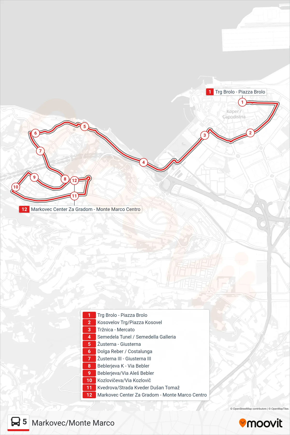 5 bus Line (Markovec/Monte Marco) route and stops on a map