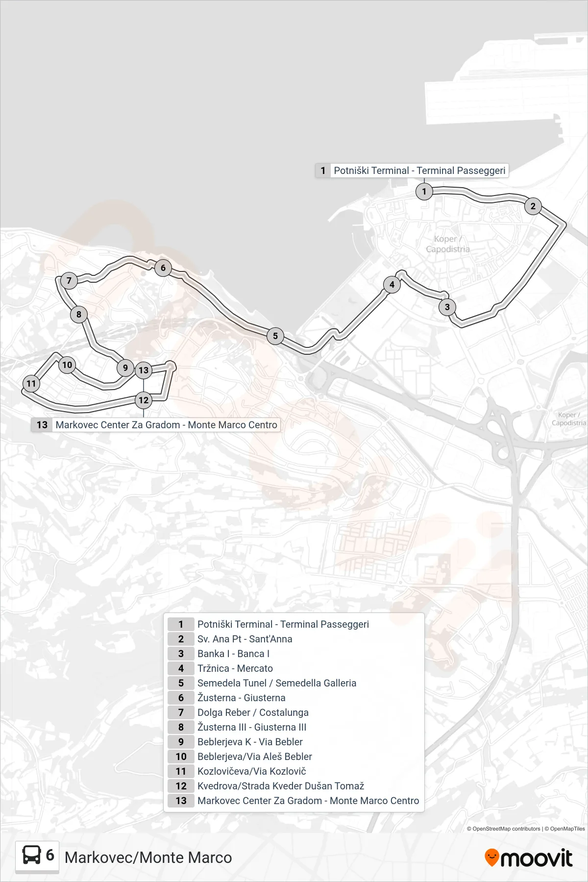 6 bus Line (Markovec/Monte Marco) route and stops on a map