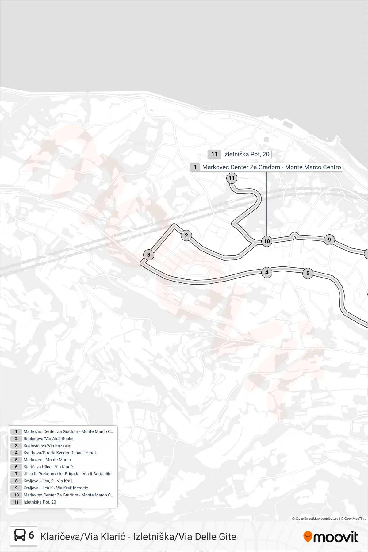 6 bus Line (Klaričeva/Via Klarić - Izletniška/Via Delle Gite) route and stops on a map