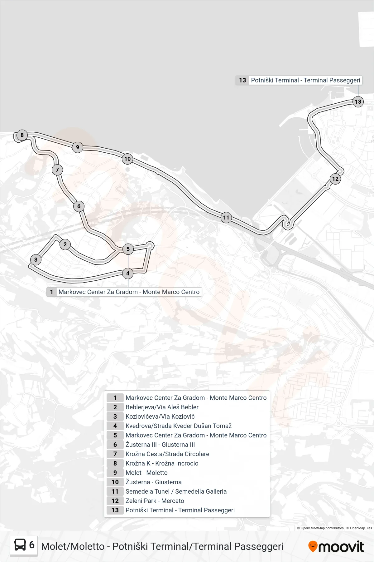 6 bus Line (Molet/Moletto - Potniški Terminal/Terminal Passeggeri) route and stops on a map