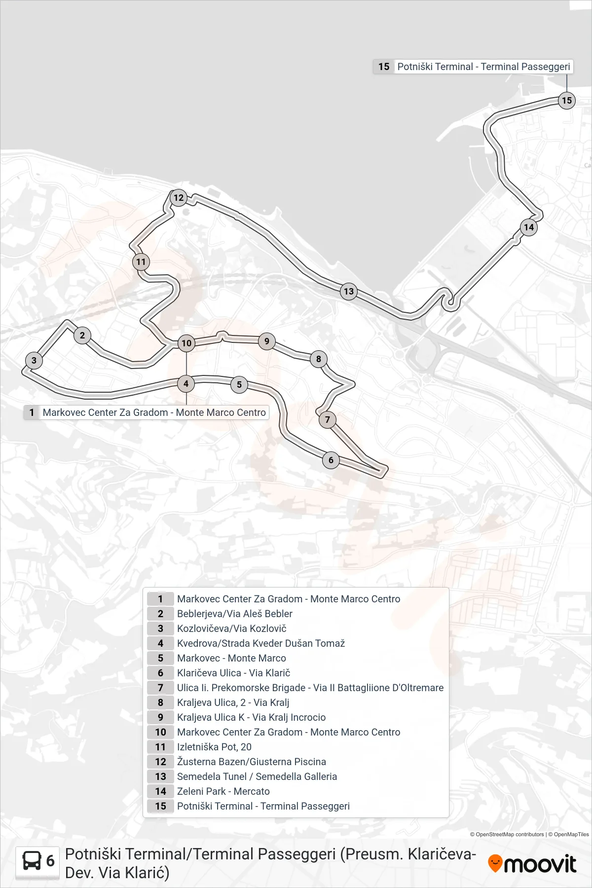 6 bus Line (Potniški Terminal/Terminal Passeggeri (Preusm. Klaričeva-Dev. Via Klarić)) route and stops on a map