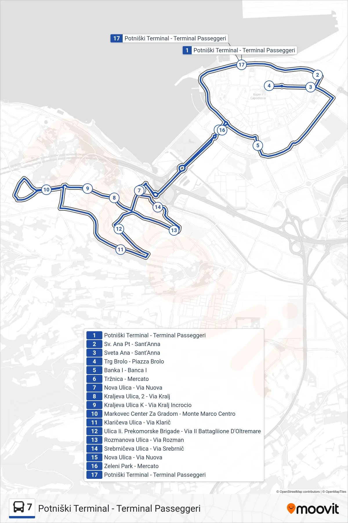 7 bus Line (Potniški Terminal - Terminal Passeggeri) route and stops on a map