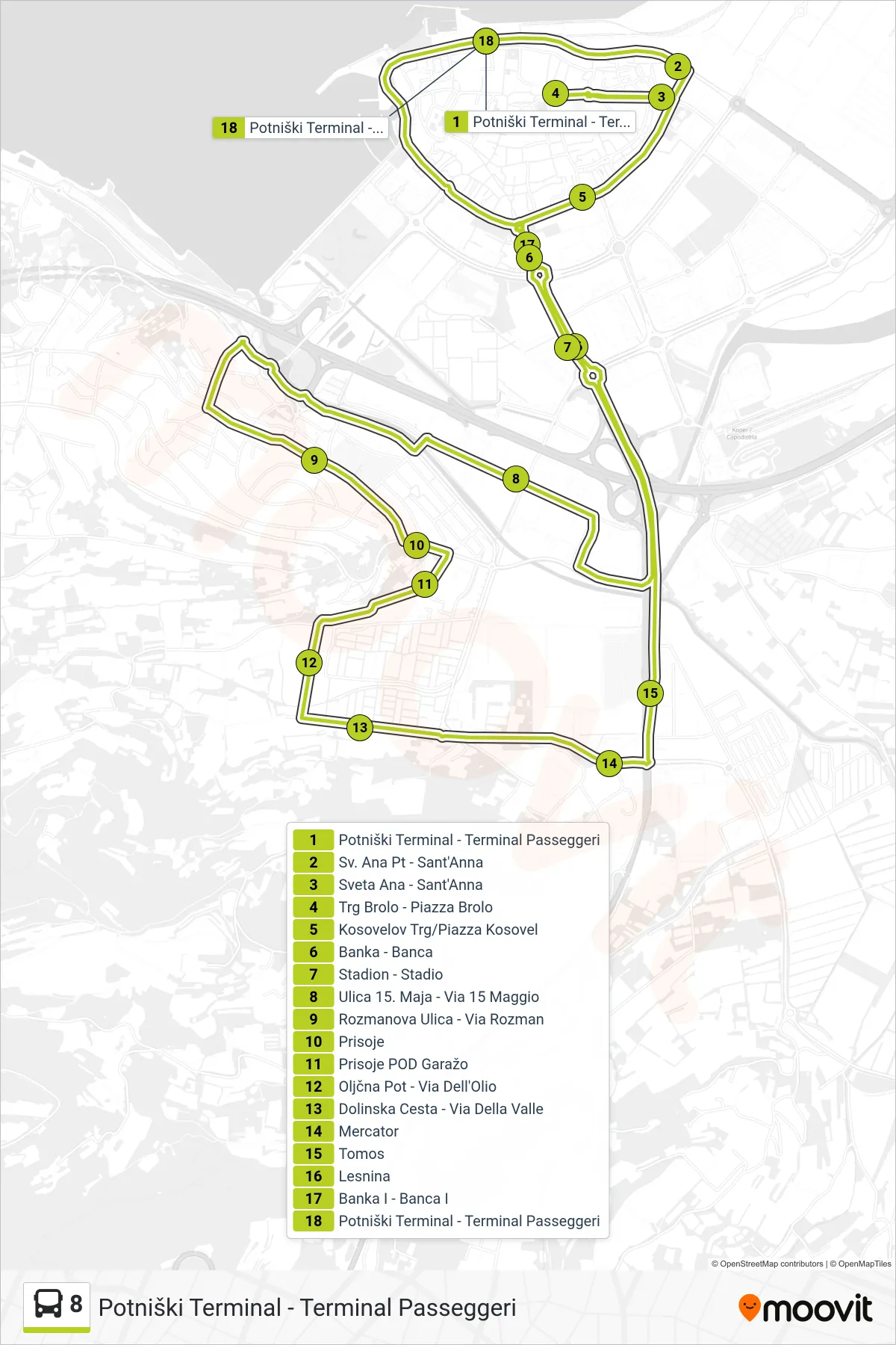 8 bus Line (Potniški Terminal - Terminal Passeggeri) route and stops on a map
