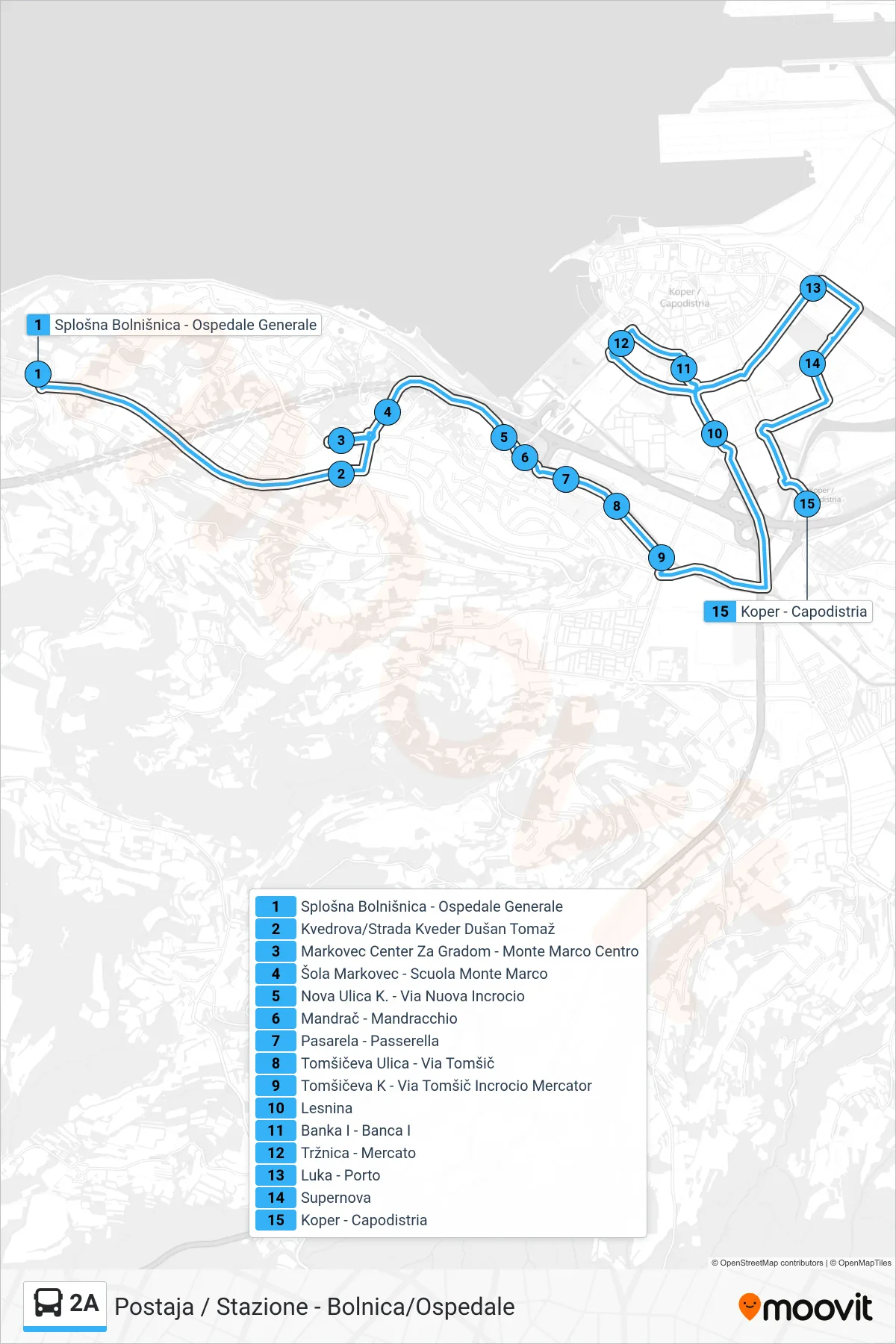 2A bus Line (Postaja - Stazione) route and stops on a map
