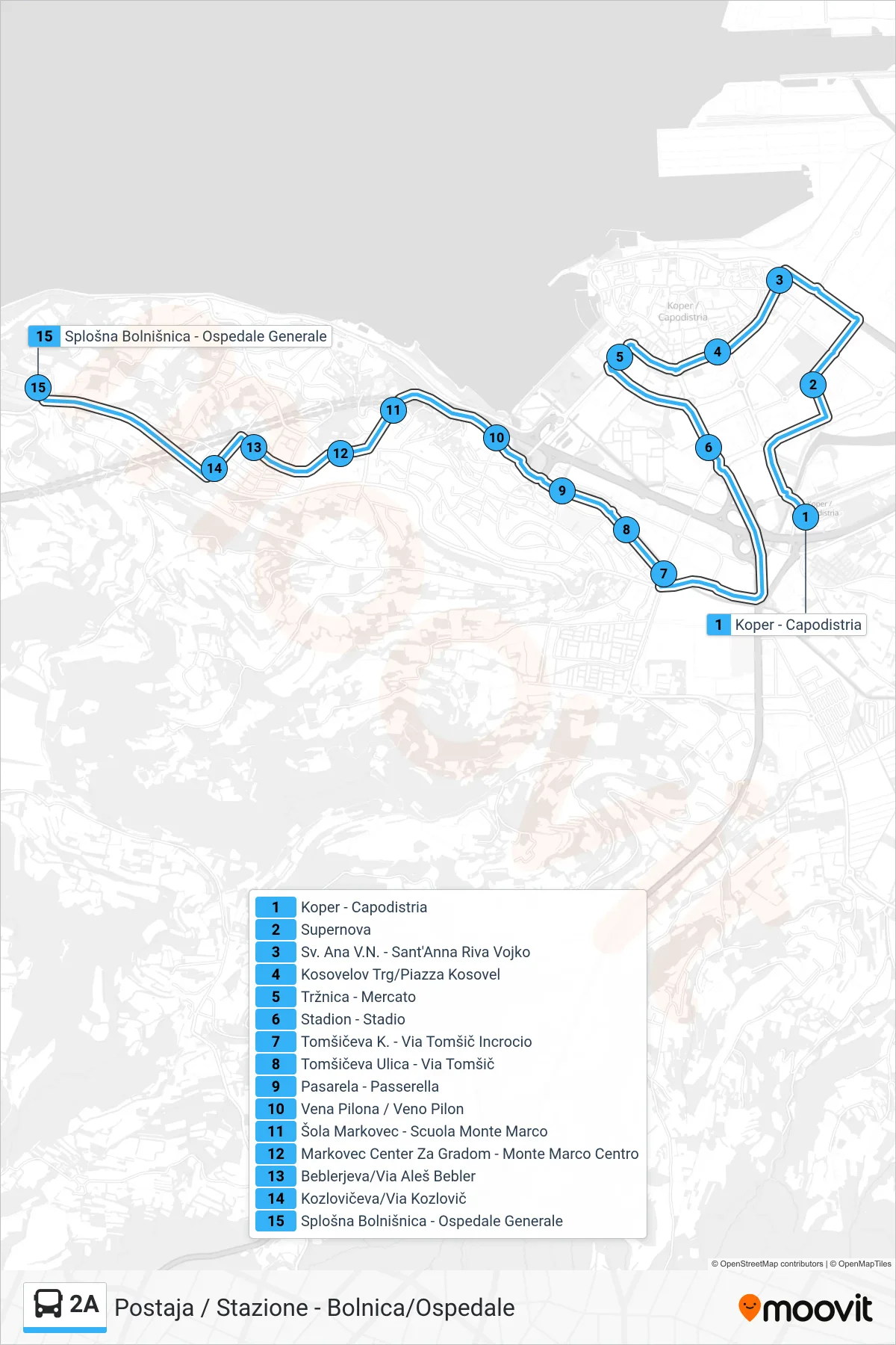 2A bus Line (Bolnica - Ospedale) route and stops on a map