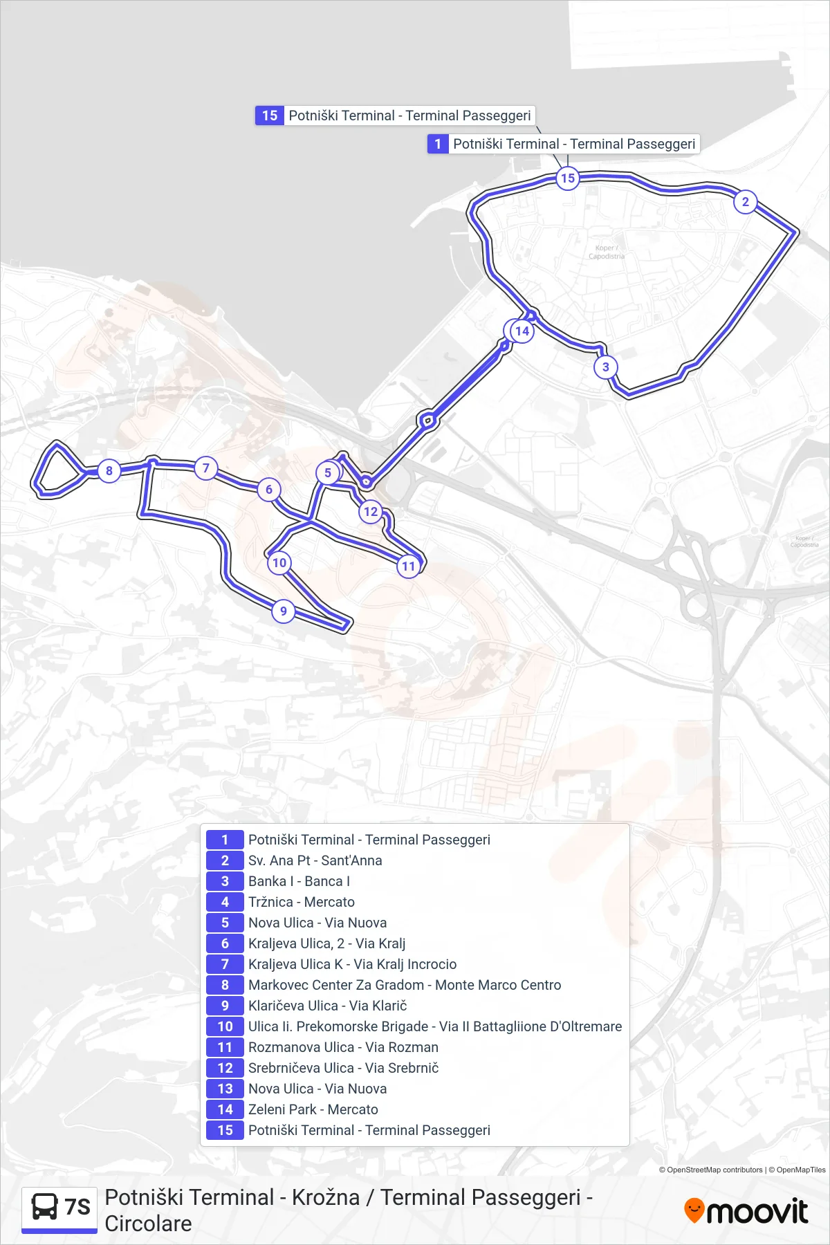 7S bus Line (Potniški Terminal - Krožna / Terminal Passeggeri - Circolare) route and stops on a map