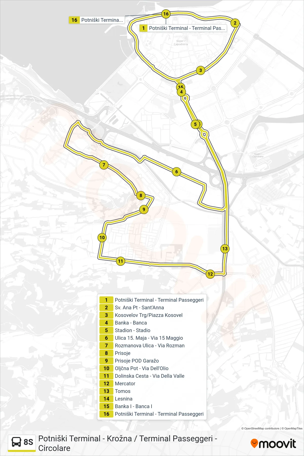 8S bus Line (Potniški Terminal - Krožna / Terminal Passeggeri - Circolare) route and stops on a map