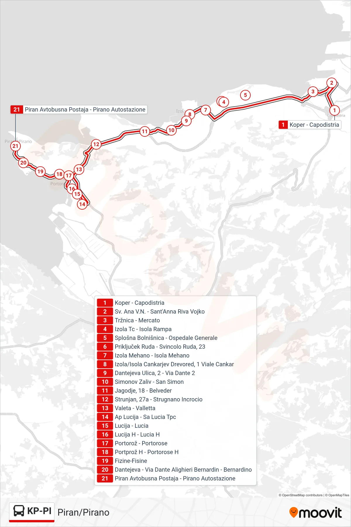 KP-PI bus Line (Piran/Pirano) route and stops on a map