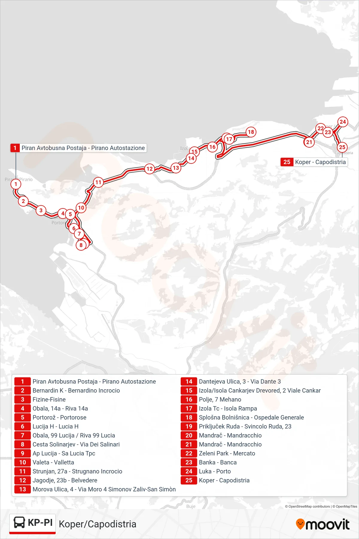KP-PI bus Line (Koper/Capodistria) route and stops on a map