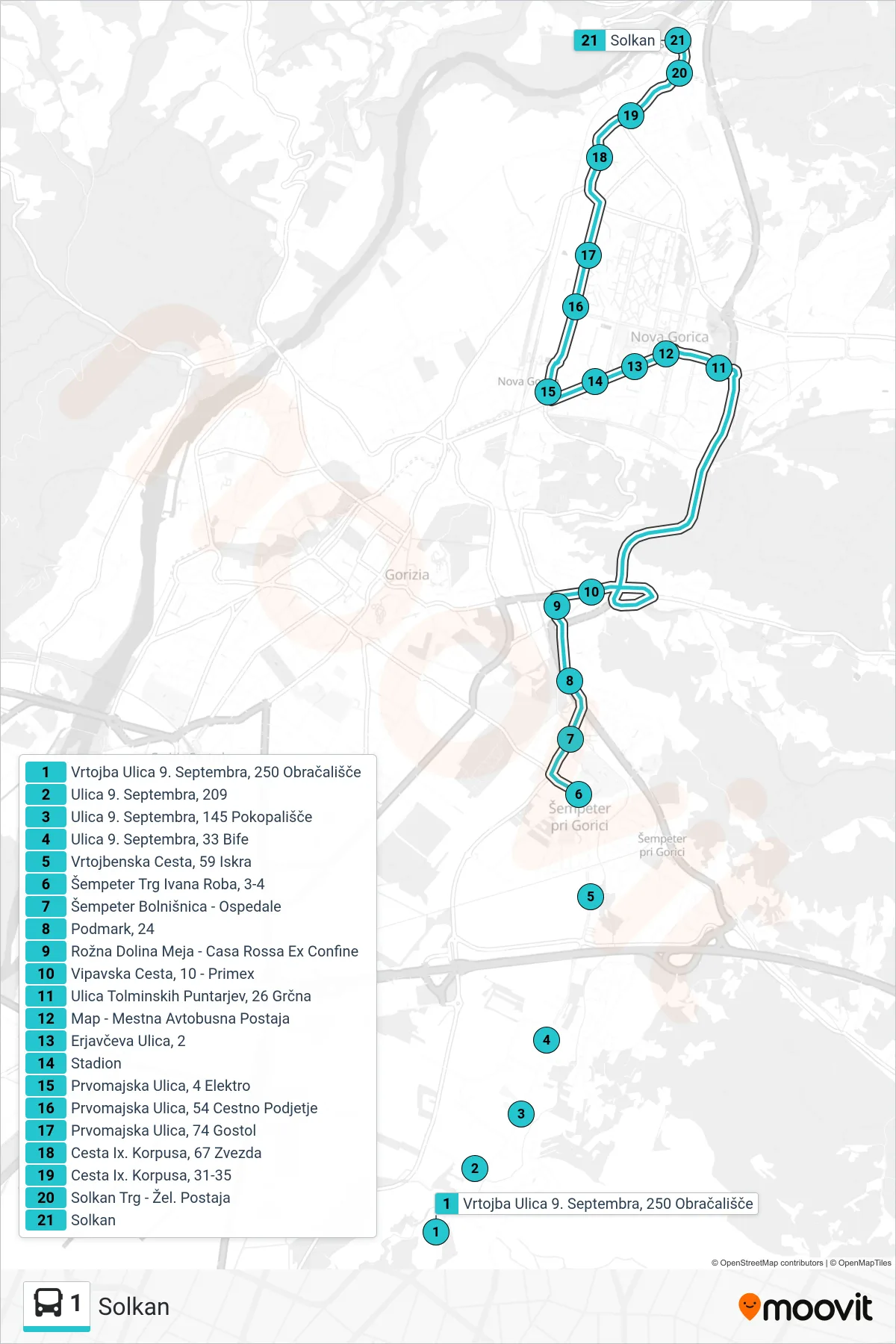 1 bus Line (Solkan) route and stops on a map