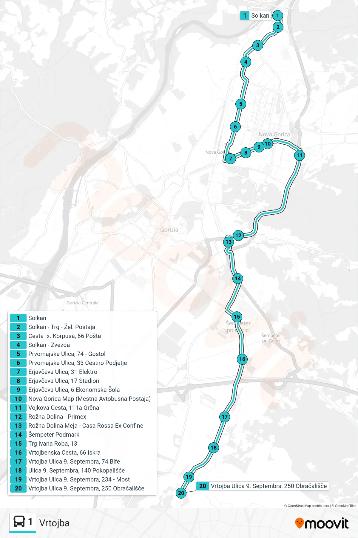 1 bus Line (Vrtojba) route and stops on a map