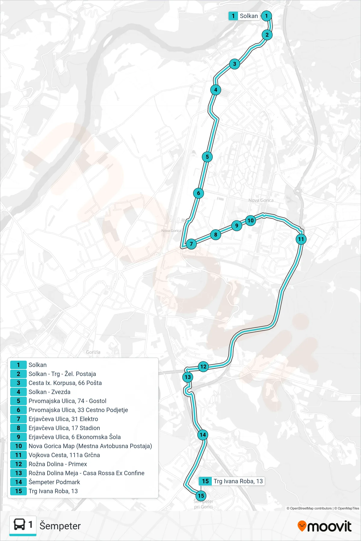 1 bus Line (Šempeter) route and stops on a map