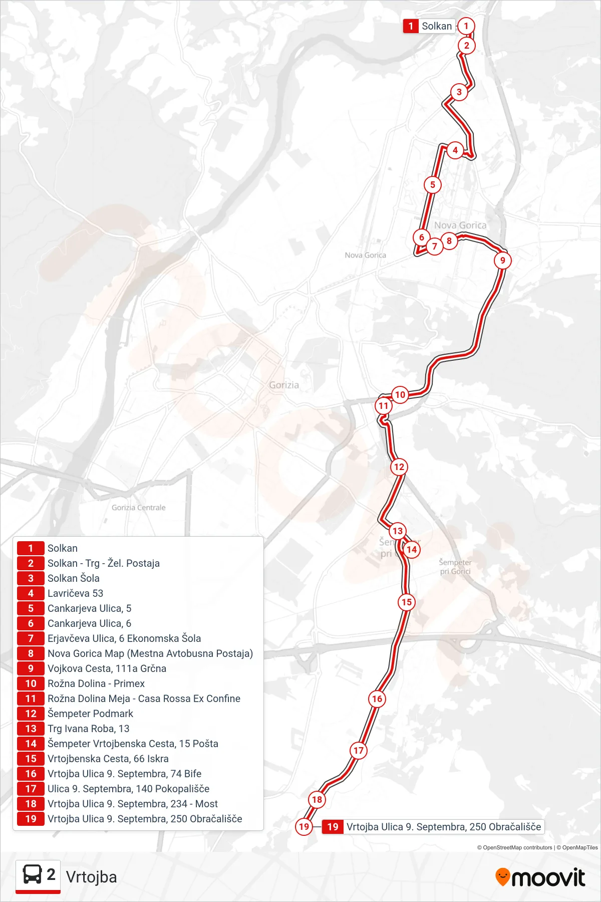 2 bus Line (Vrtojba) route and stops on a map