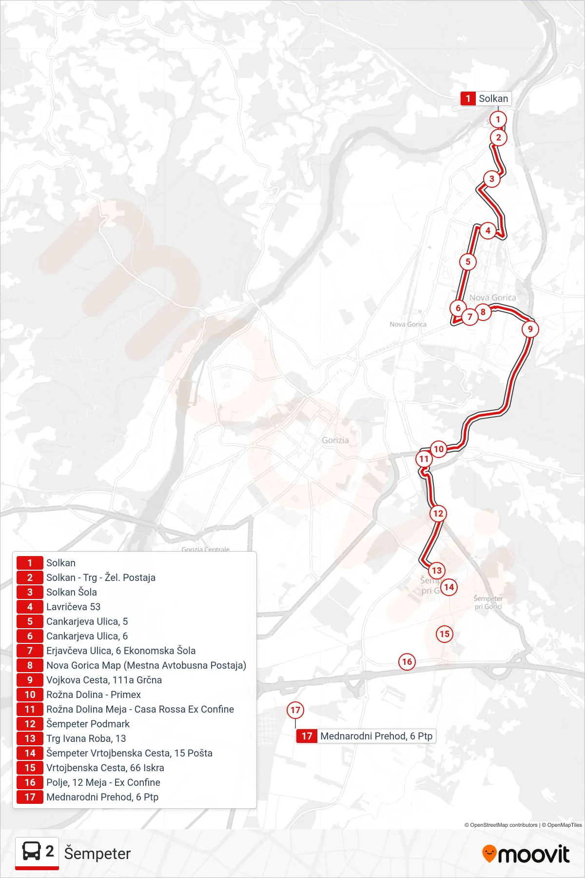 2 bus Line (Šempeter) route and stops on a map