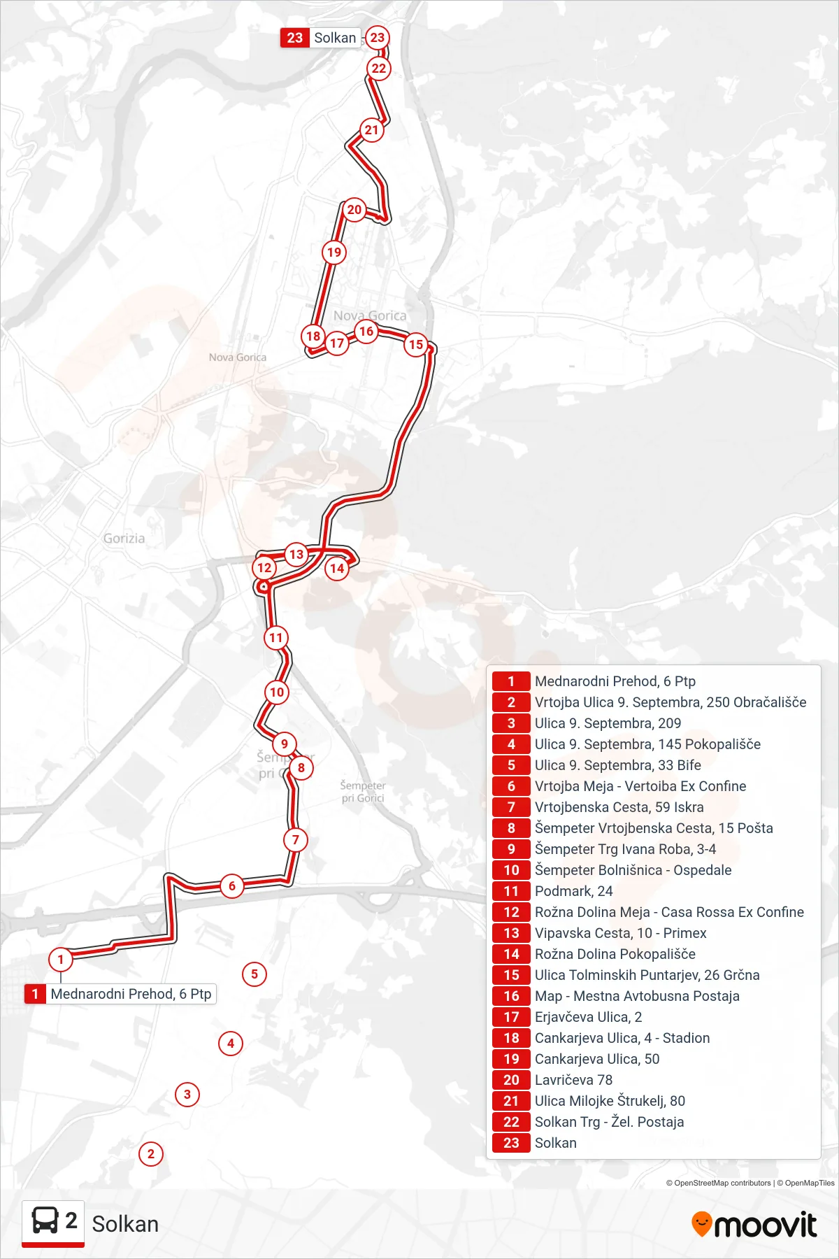 2 bus Line (Solkan) route and stops on a map