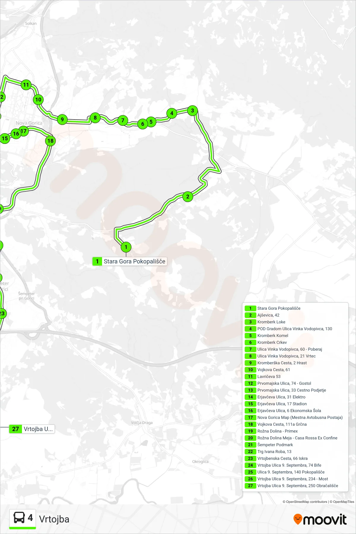 4 bus Line (Vrtojba) route and stops on a map
