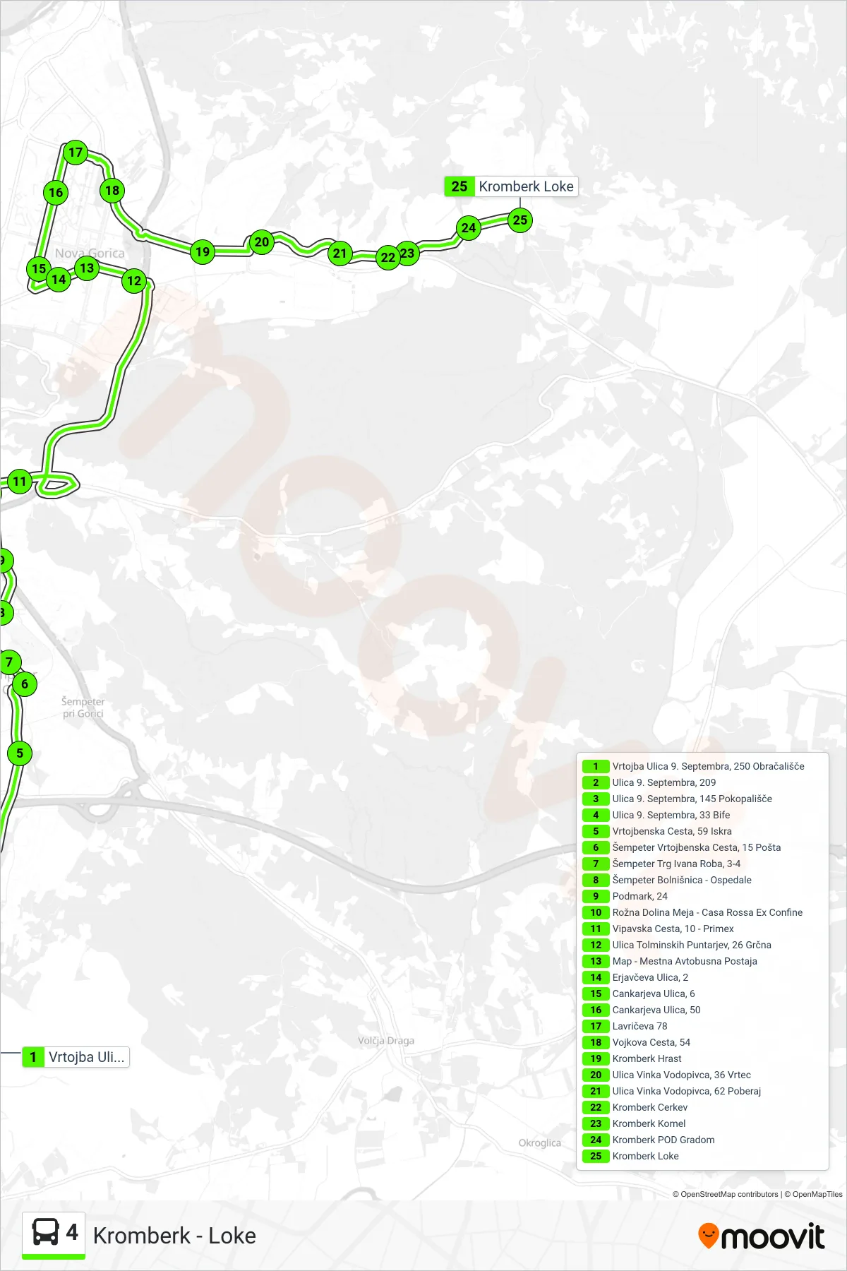 4 bus Line (Kromberk - Loke) route and stops on a map