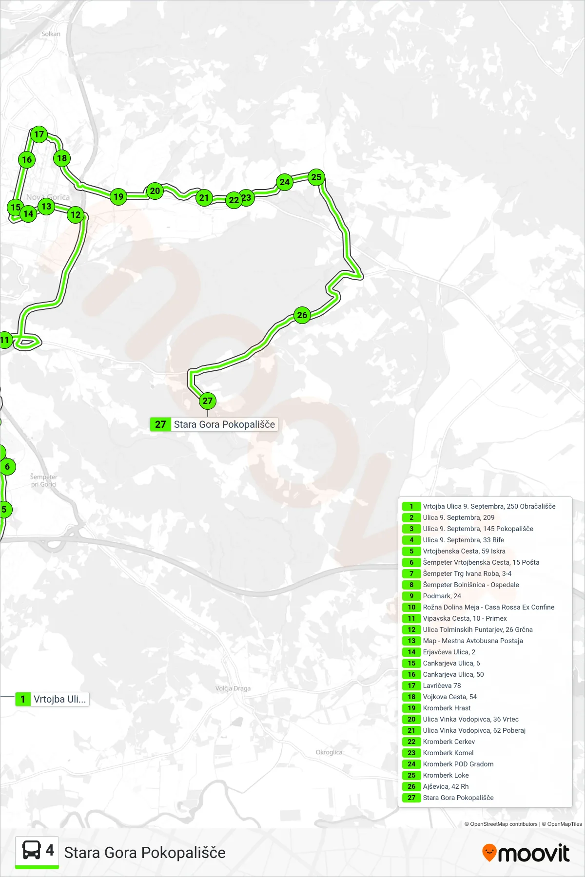 4 bus Line (Stara Gora Pokopališče) route and stops on a map