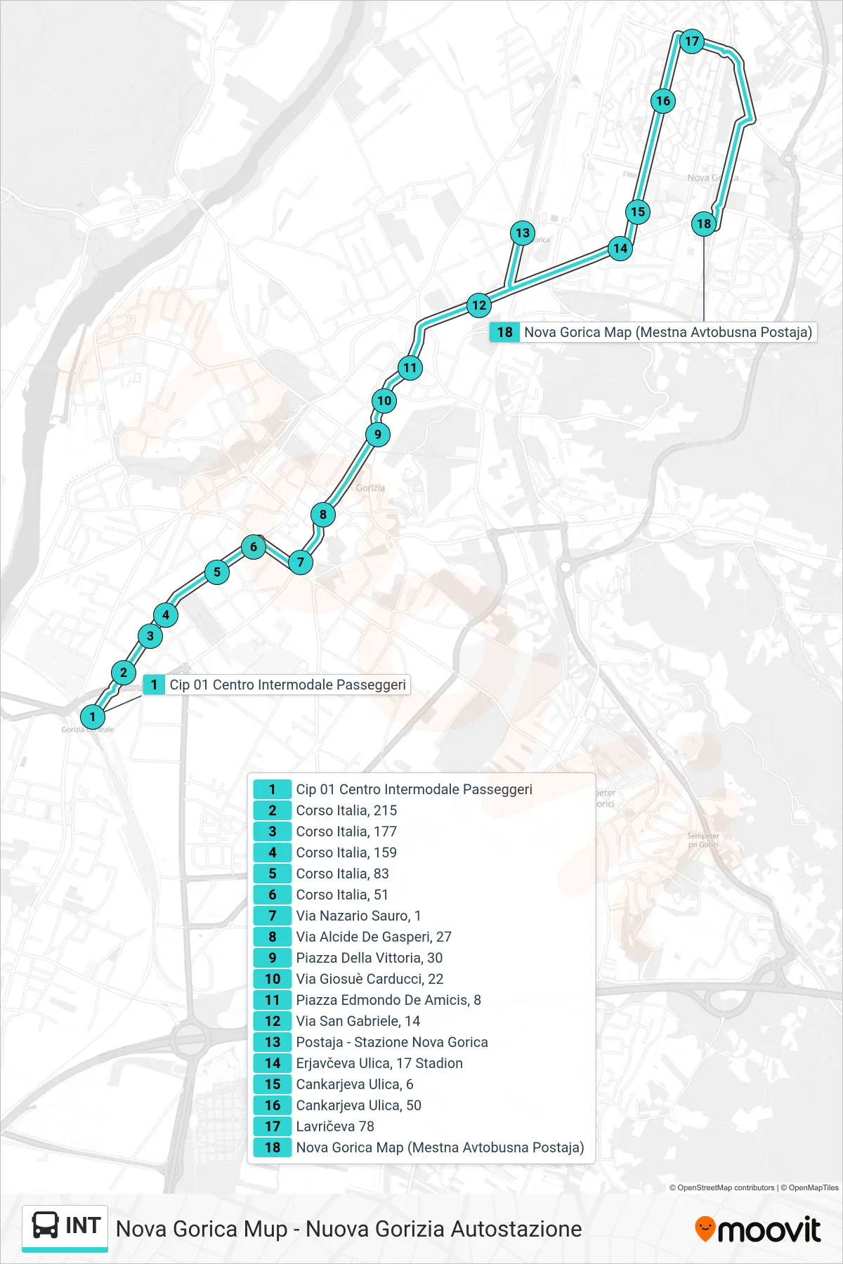 INT bus Line (Nova Gorica Mup - Nuova Gorizia Autostazione) route and stops on a map