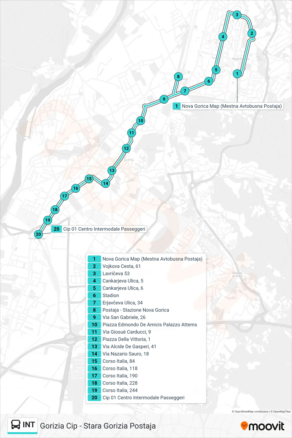 INT bus Line (Gorizia Cip - Stara Gorizia Postaja) route and stops on a map
