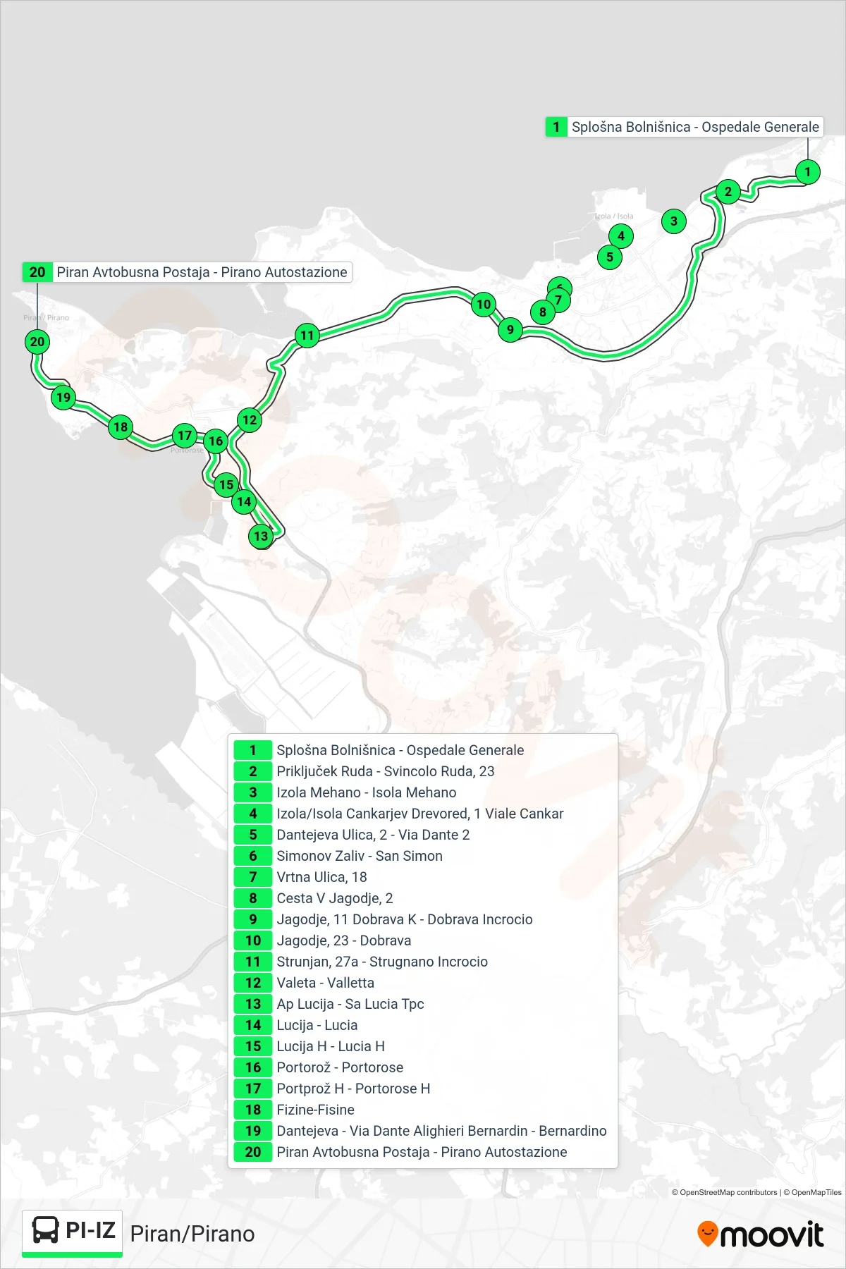 PI-IZ bus Line (Piran/Pirano) route and stops on a map