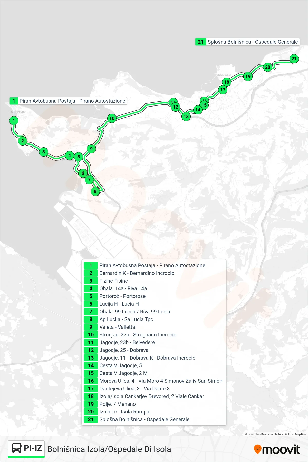 PI-IZ bus Line (Bolnišnica Izola/Ospedale Di Isola) route and stops on a map