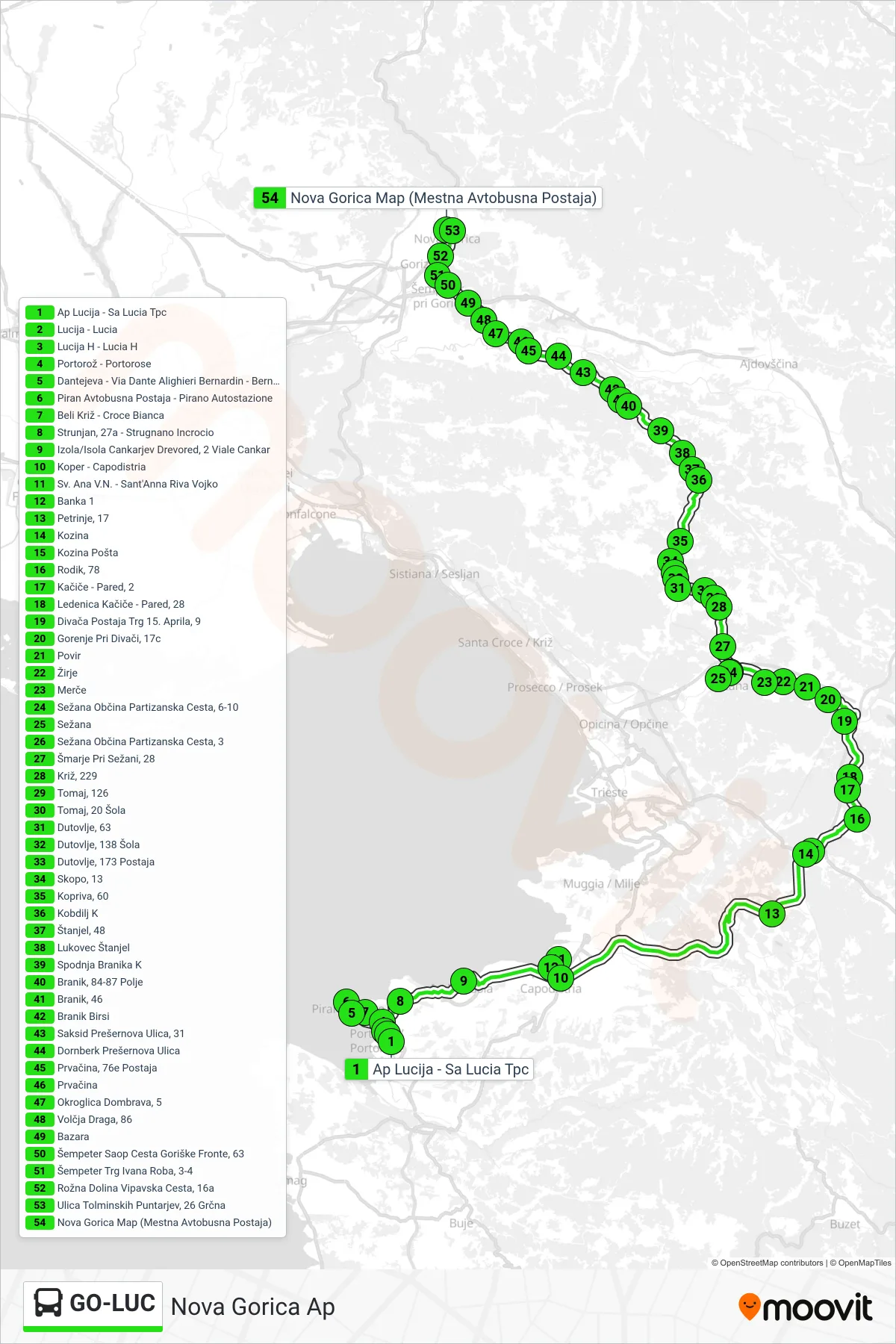 GO-LUC bus Line (Nova Gorica Ap) route and stops on a map