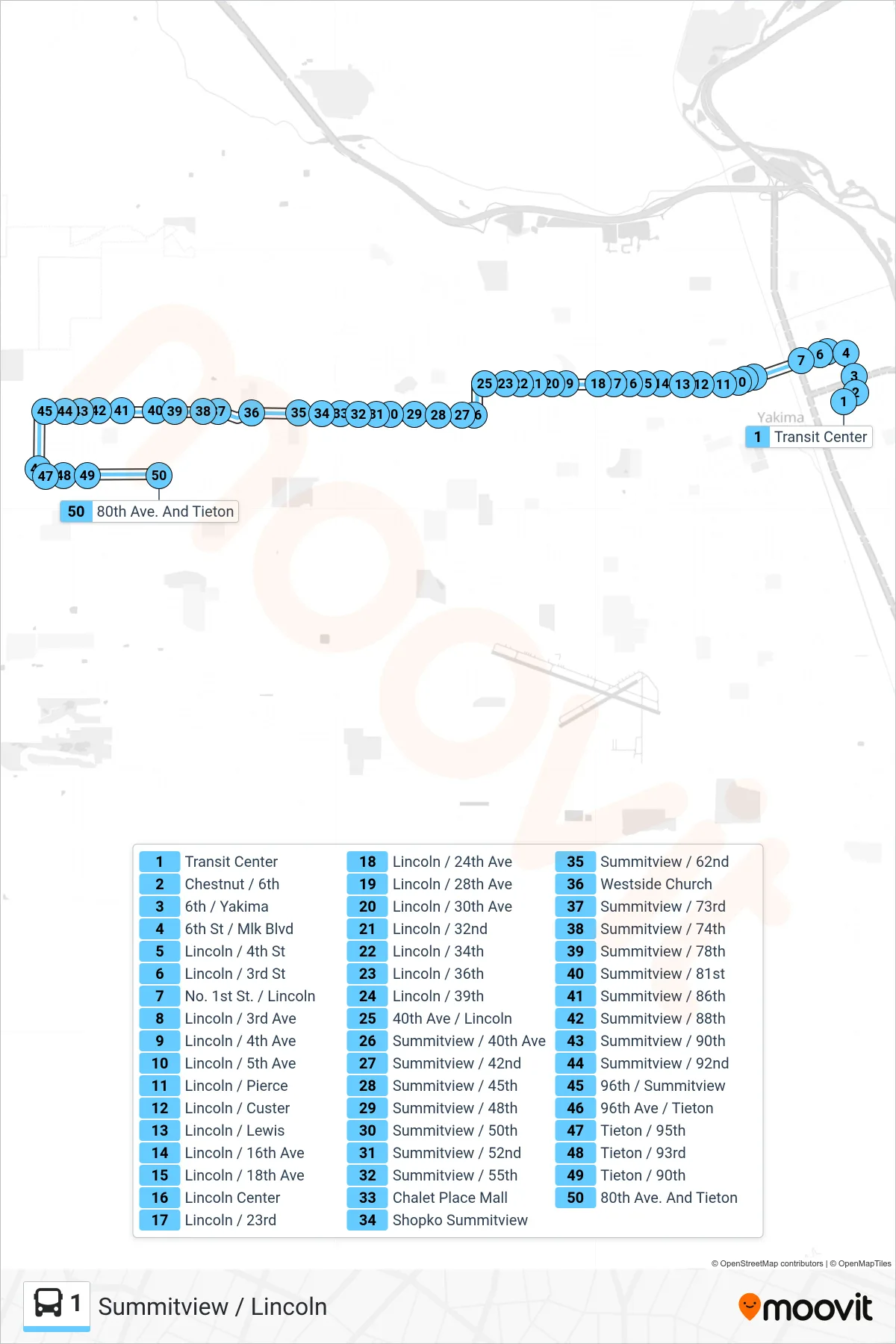 1 bus Line (80th Ave. And Tieton) route and stops on a map