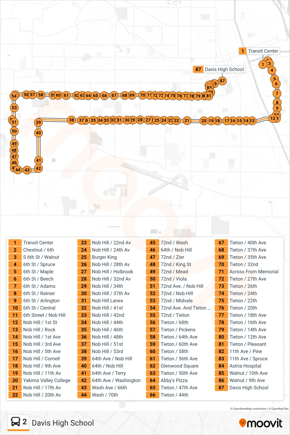 2 bus Line (Davis High School) route and stops on a map