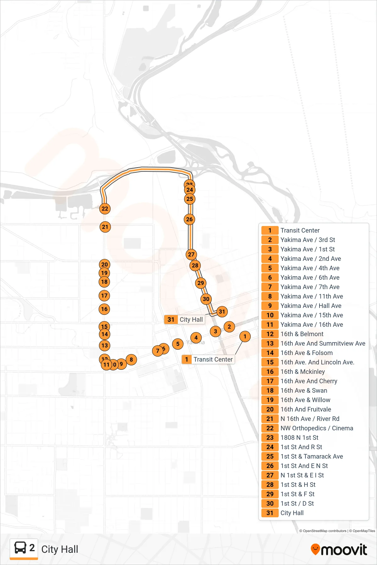 2 bus Line (City Hall) route and stops on a map