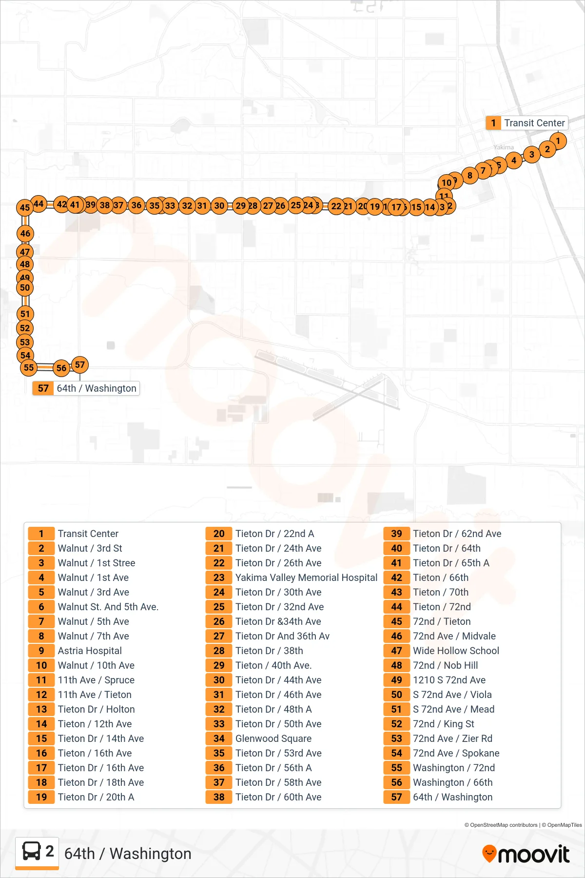 2 bus Line (64th / Washington) route and stops on a map