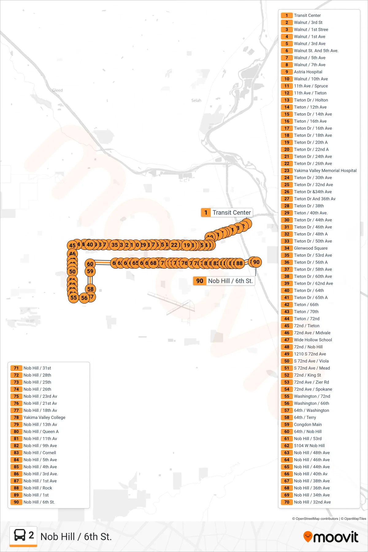 2 bus Line (Nob Hill / 6th St.) route and stops on a map
