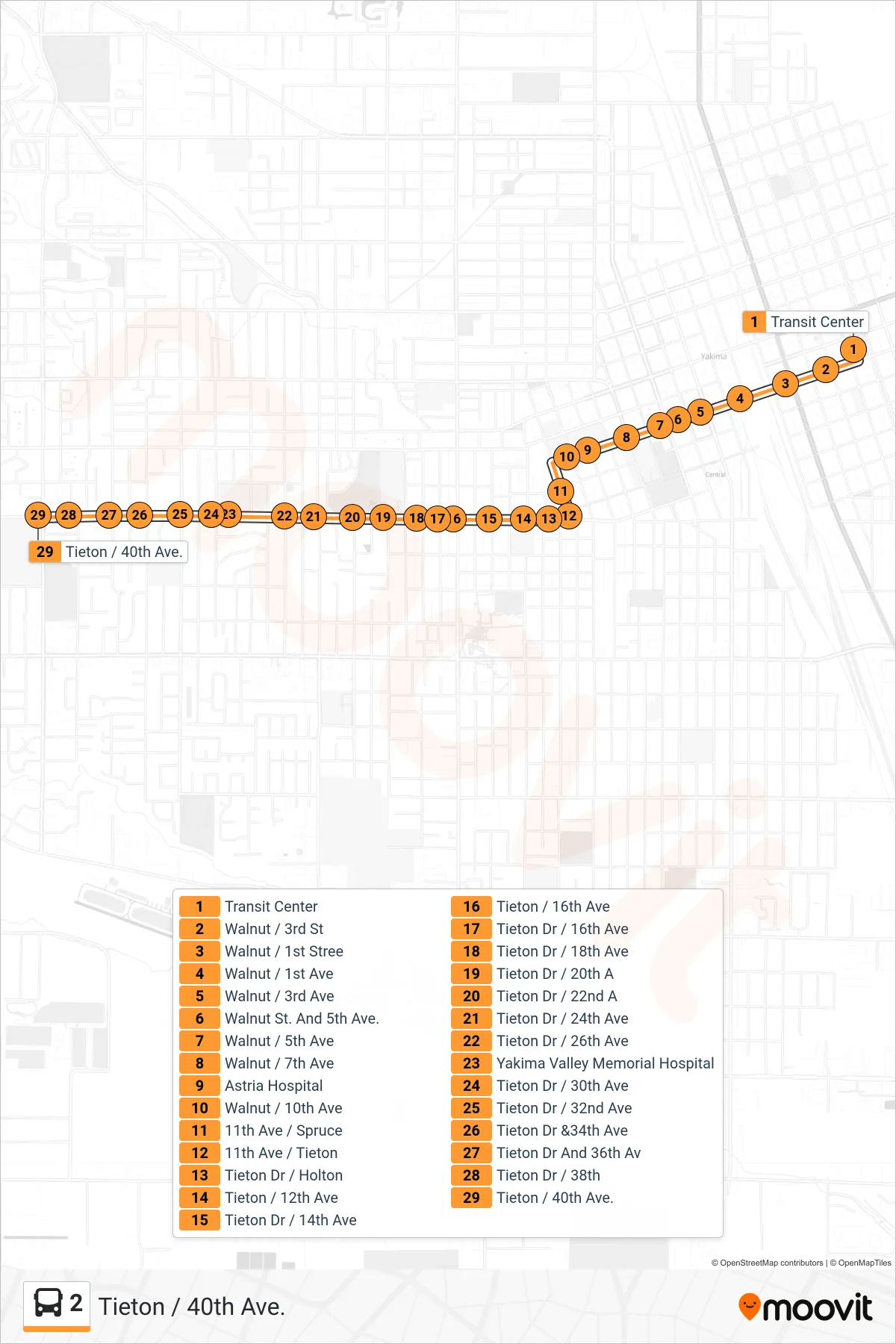 2 bus Line (Tieton / 40th Ave.) route and stops on a map