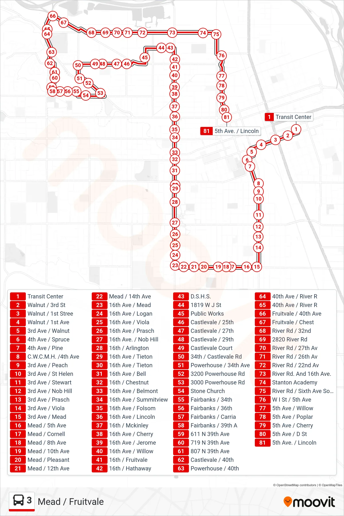 3 bus Line (5th Ave. / Lincoln) route and stops on a map