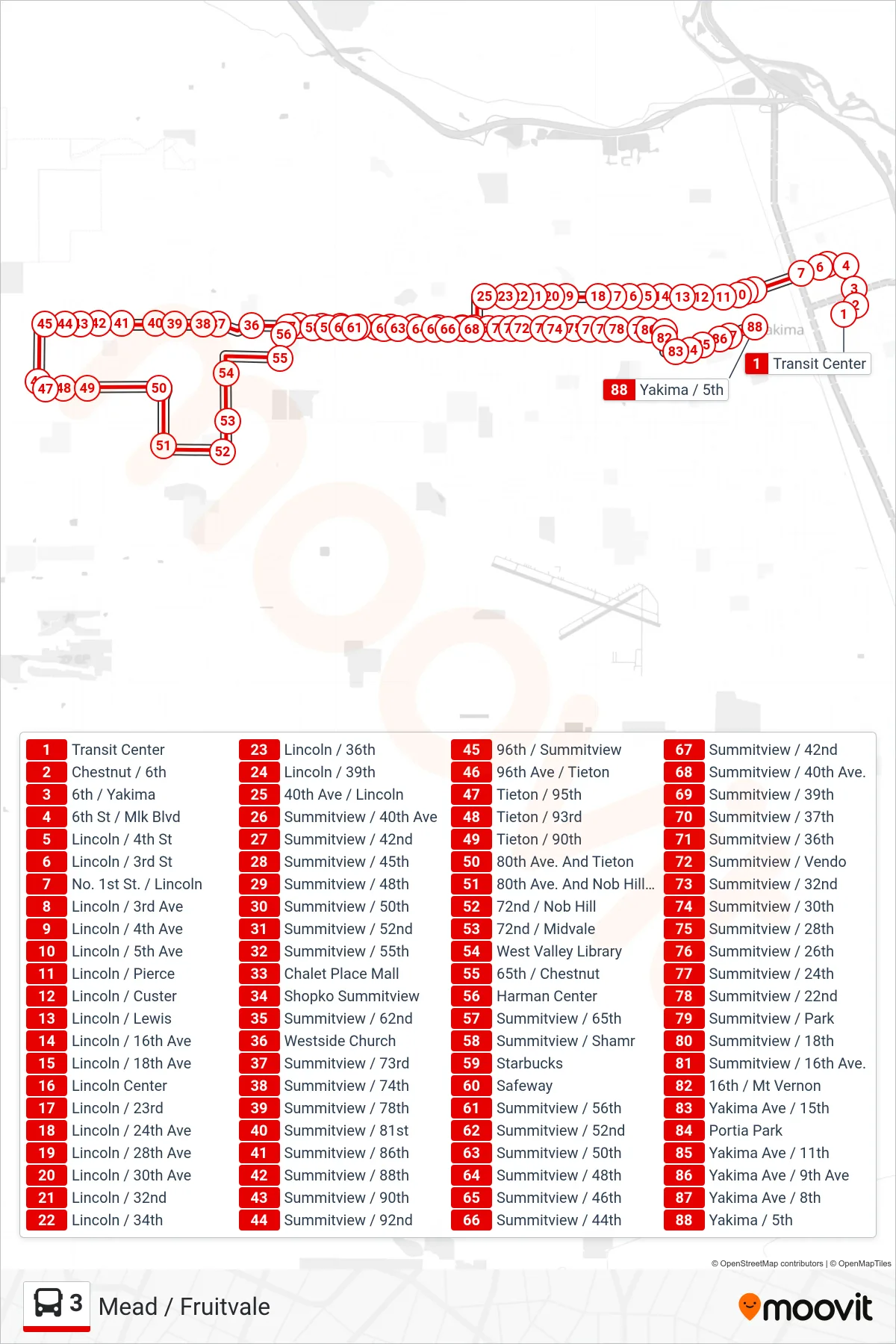 3 bus Line (Yakima / 5th) route and stops on a map