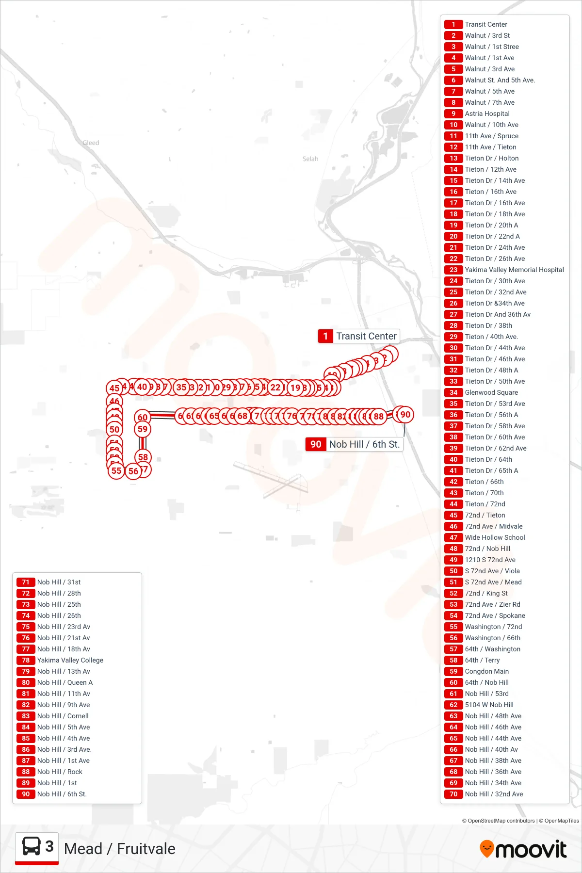 3 bus Line (Nob Hill / 6th St.) route and stops on a map