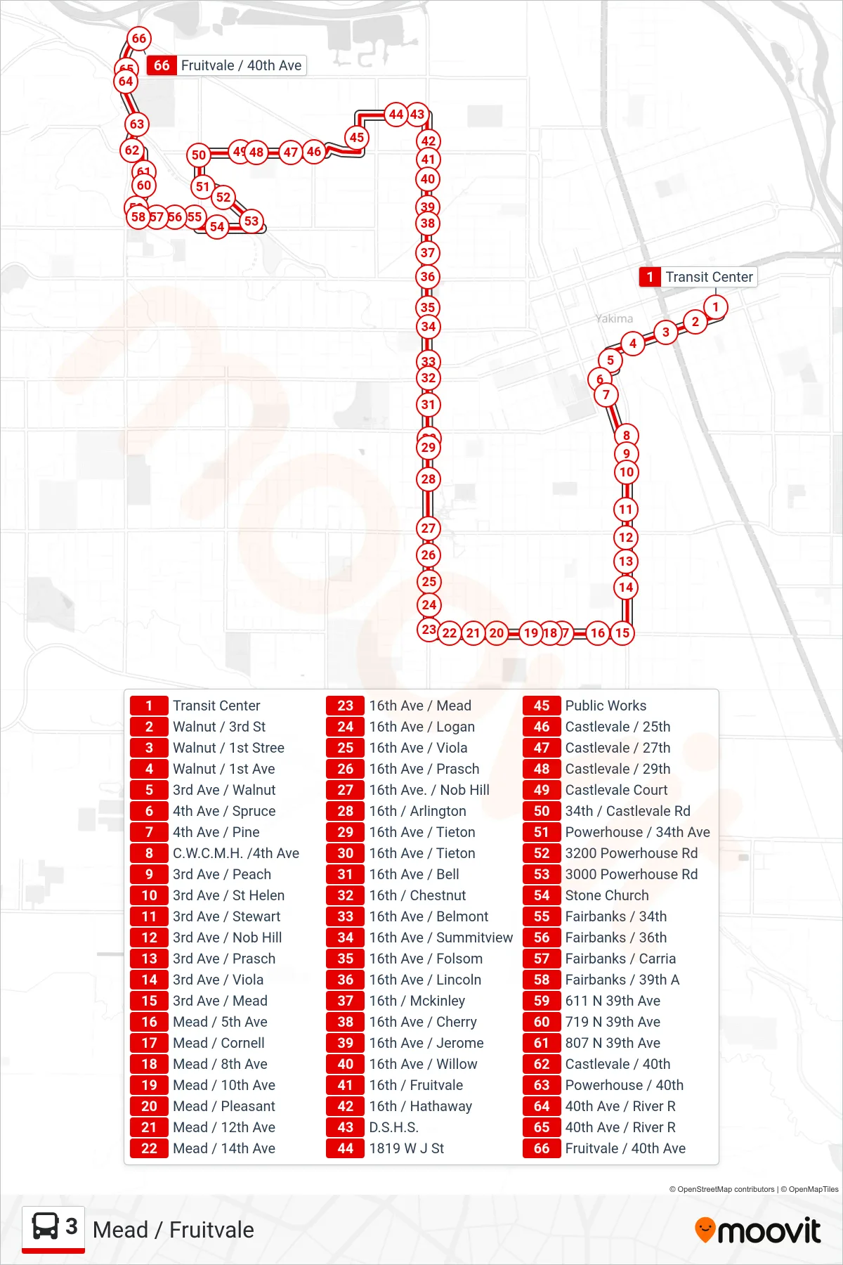 3 bus Line (Fruitvale / 40th Ave) route and stops on a map
