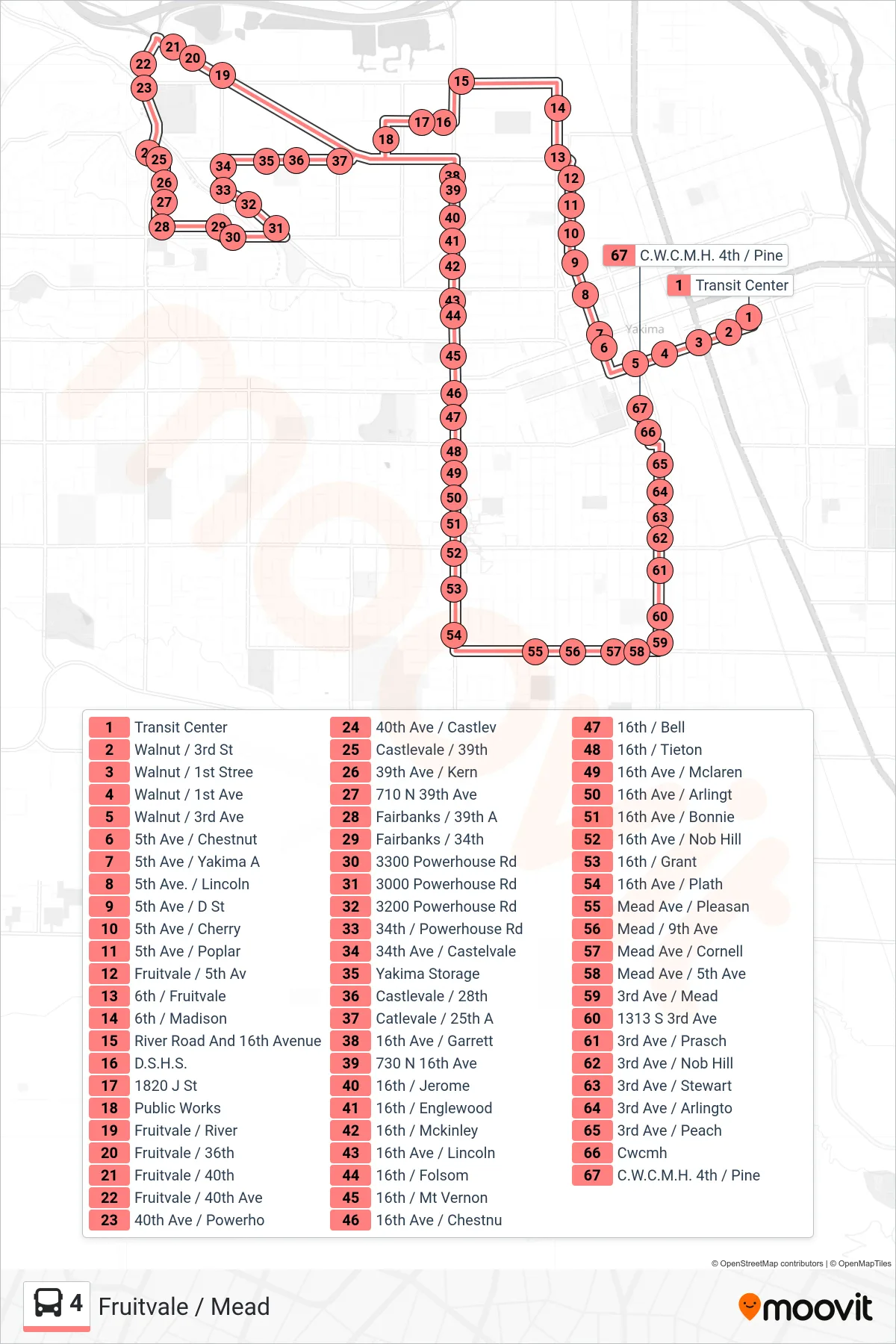 4 bus Line (C.W.C.M.H. 4th / Pine) route and stops on a map
