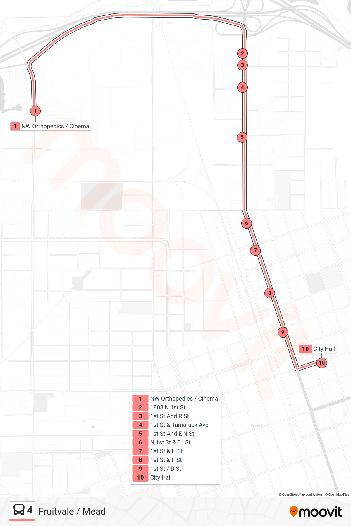 4 bus Line (City Hall) route and stops on a map