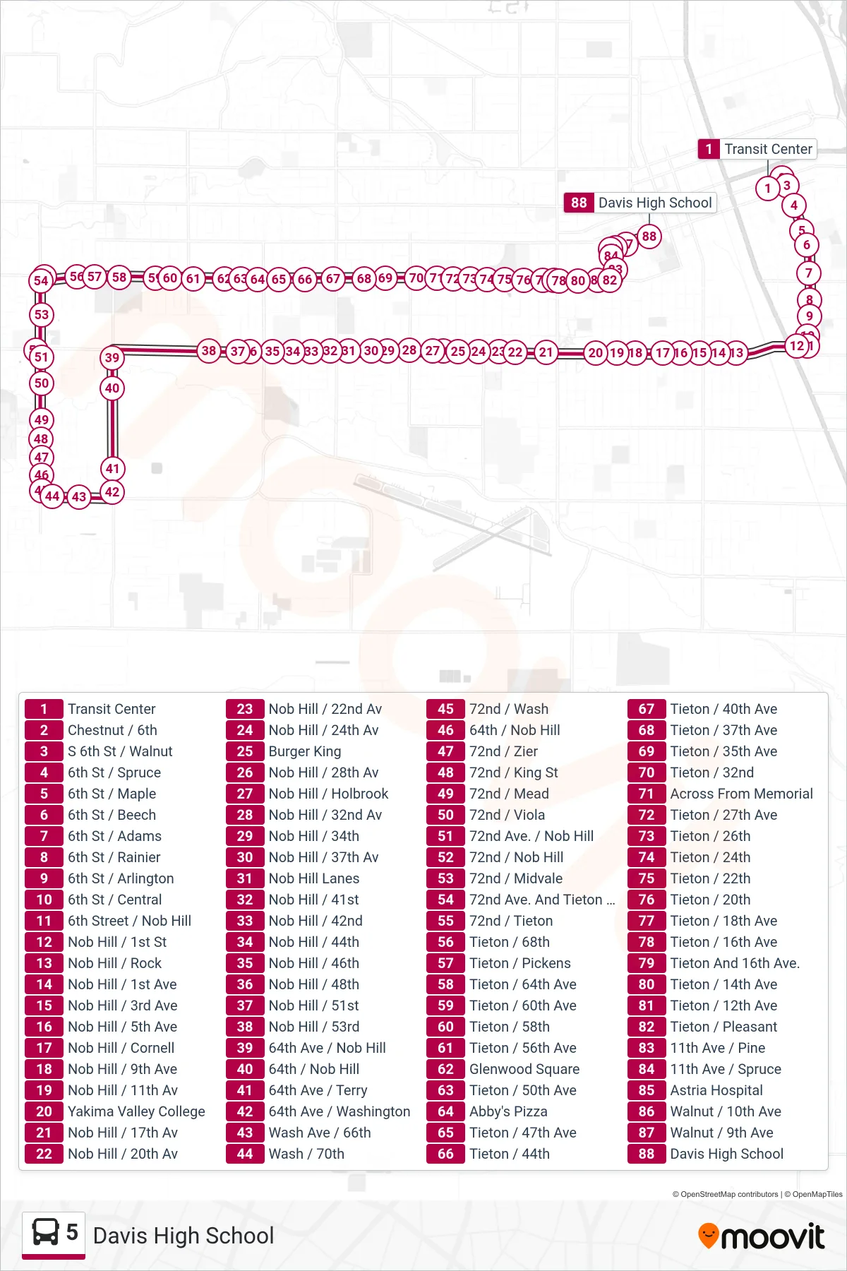 5 bus Line (Davis High School) route and stops on a map