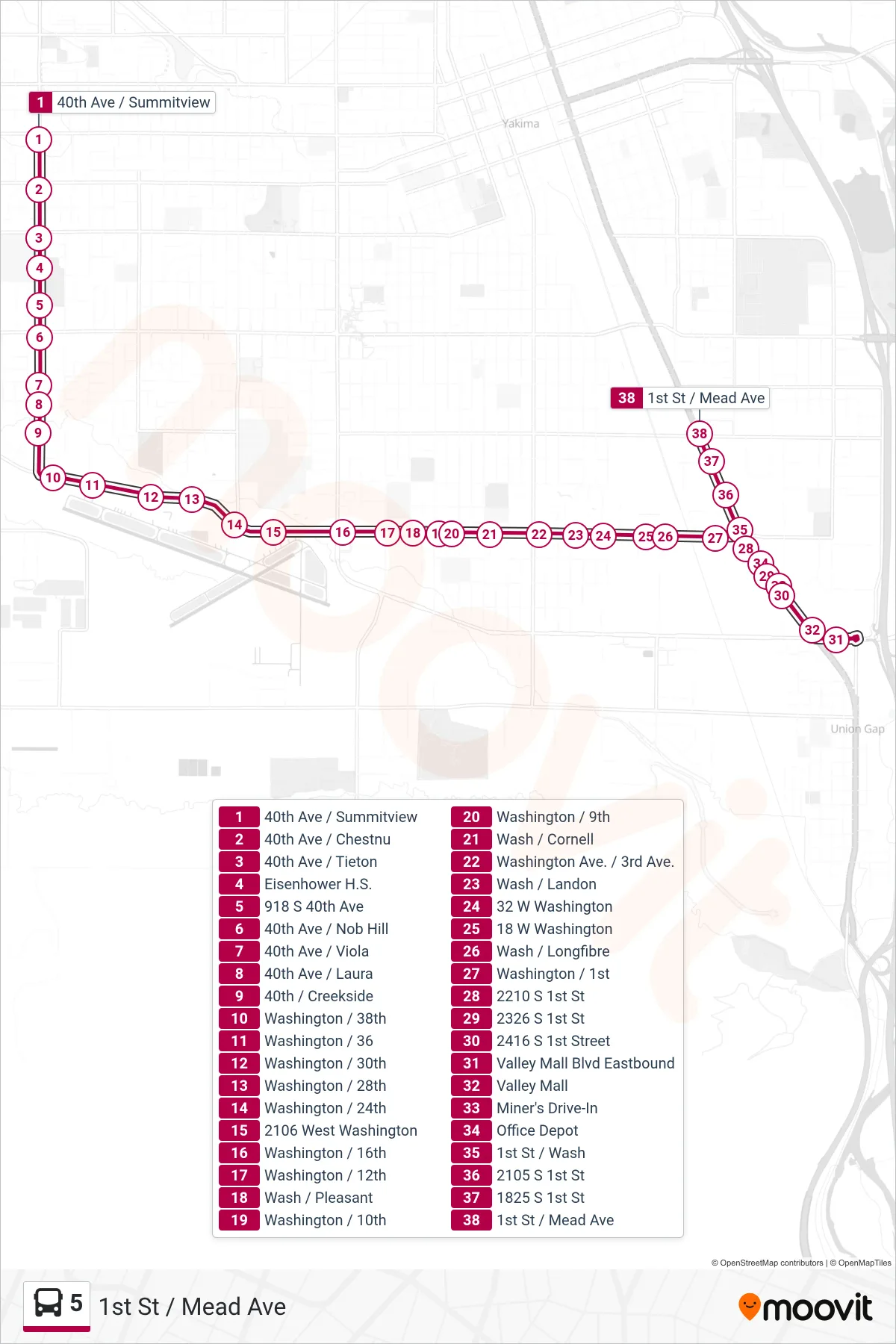 5 bus Line (1st St / Mead Ave) route and stops on a map