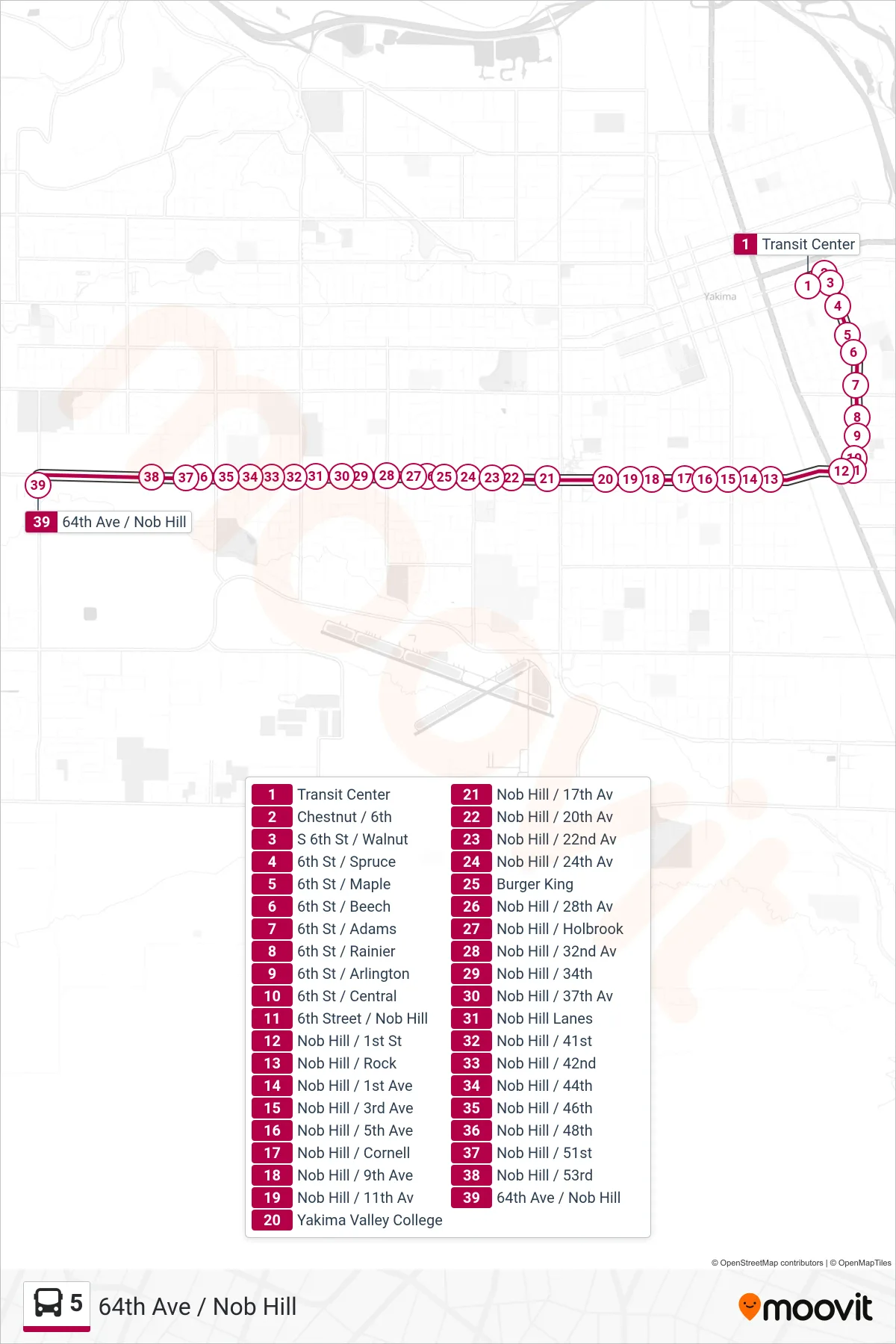 5 bus Line (64th Ave / Nob Hill) route and stops on a map