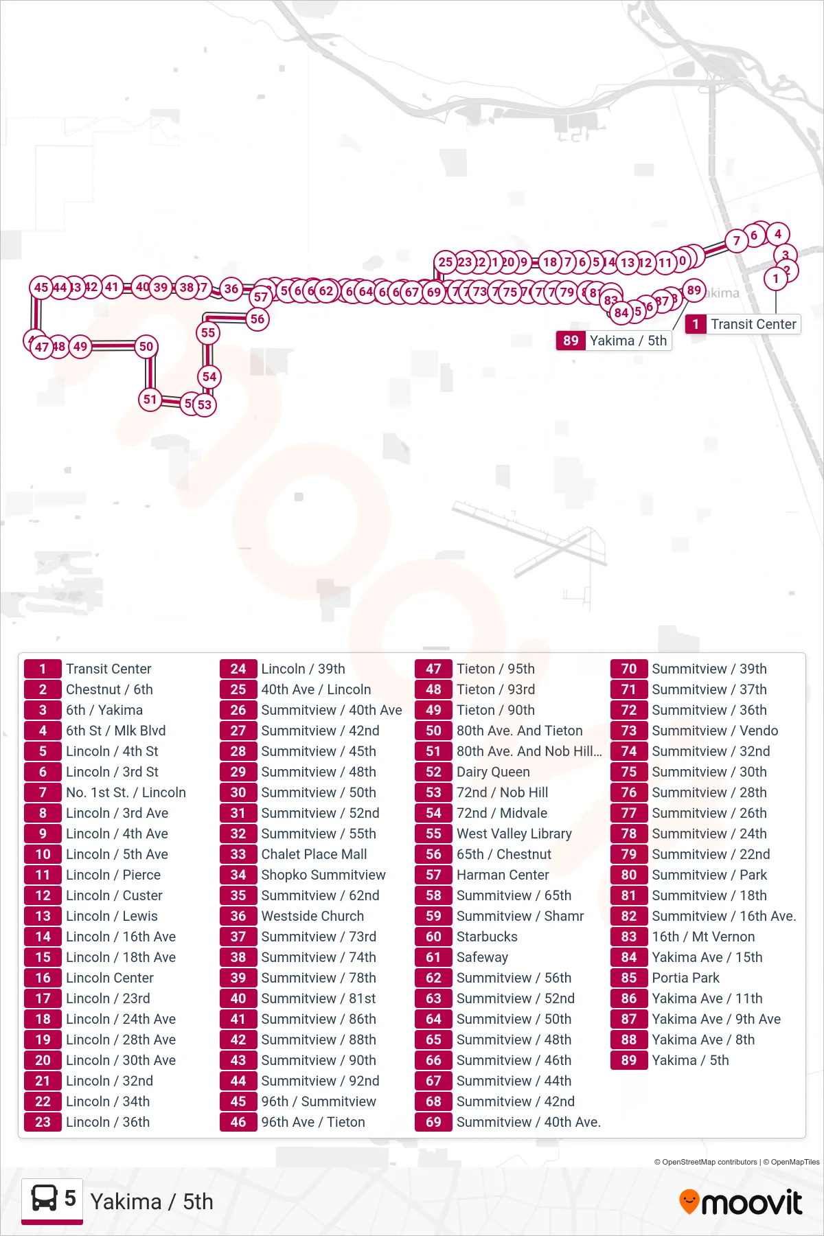 5 bus Line (Yakima / 5th) route and stops on a map