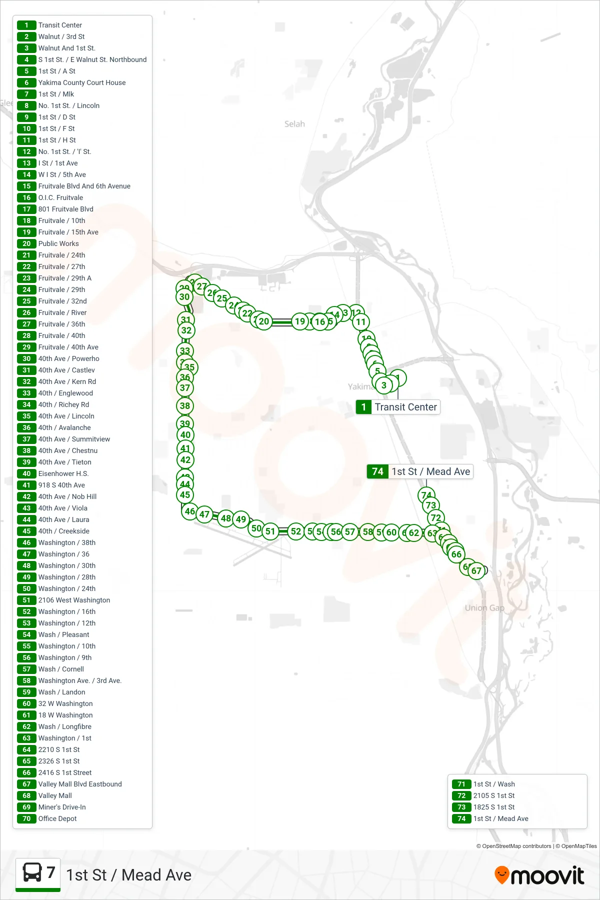 7 bus Line (1st St / Mead Ave) route and stops on a map